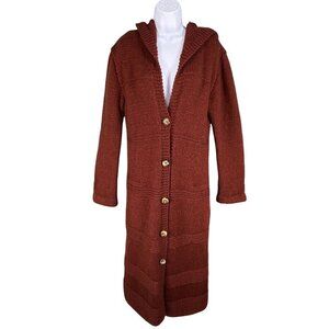 Full Length Hooded Knit Wool Blend Maxi Duster Coatigan Women M Rust Heavyweight